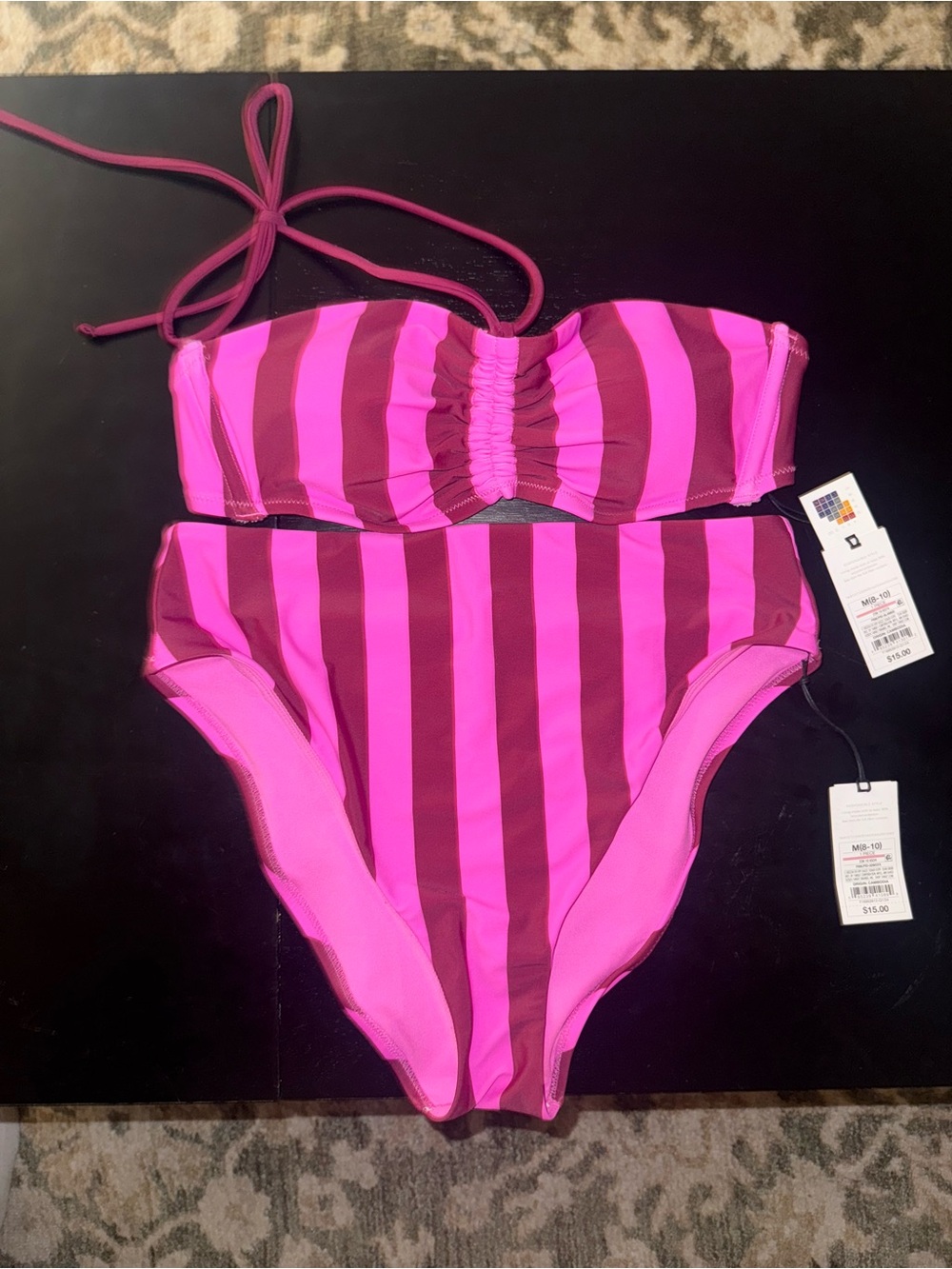 Shade & Shore Hot Pink and Magenta Striped Bandeau High-Waisted Bikini